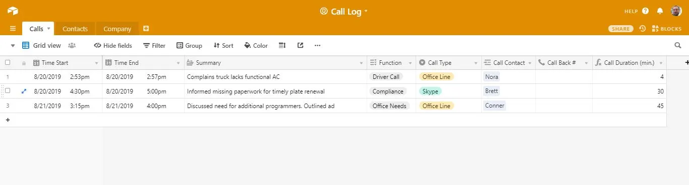 Airtable small business call log