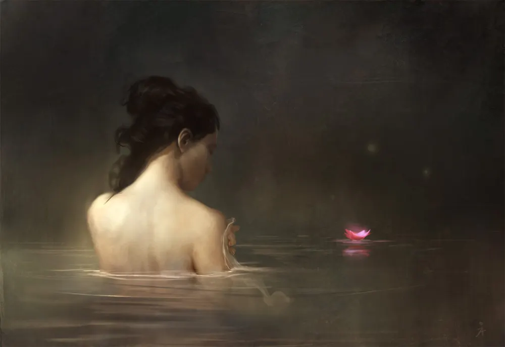 beautiful woman bathing in pond